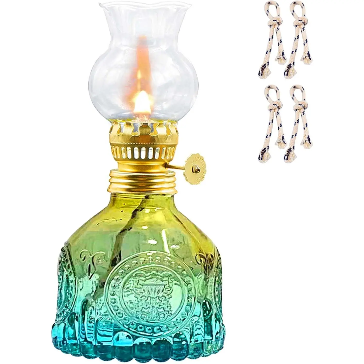 Vintage Oil Lamp for Indoor Use,Gradient Color Glass Kerosene Lamp with 4 Wicks,Rustic Hurricane Lantern for Home Emergency,Farmhouse Decor (Blue)