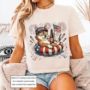 USA 250 Boxy Tee Shiba Inu Dog Graphic Tee Cropped Shirt Women's Pet Lover Gift Vintage 90s Tee American Flag Shirt Retro Style