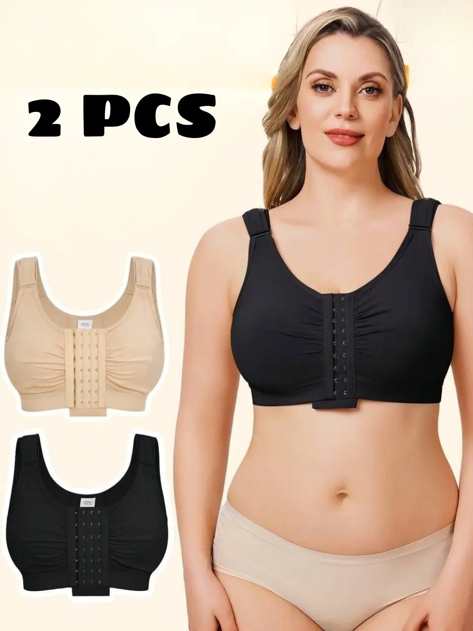 2-Pack Wireless Sports Bras for Women – Front Closure Full Coverage Bra for Yoga, Running & Gym