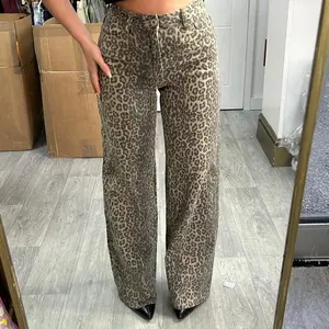 Women's Wide Leg Stretch Leopard Print Jeans - bottoms,Women s Clothing