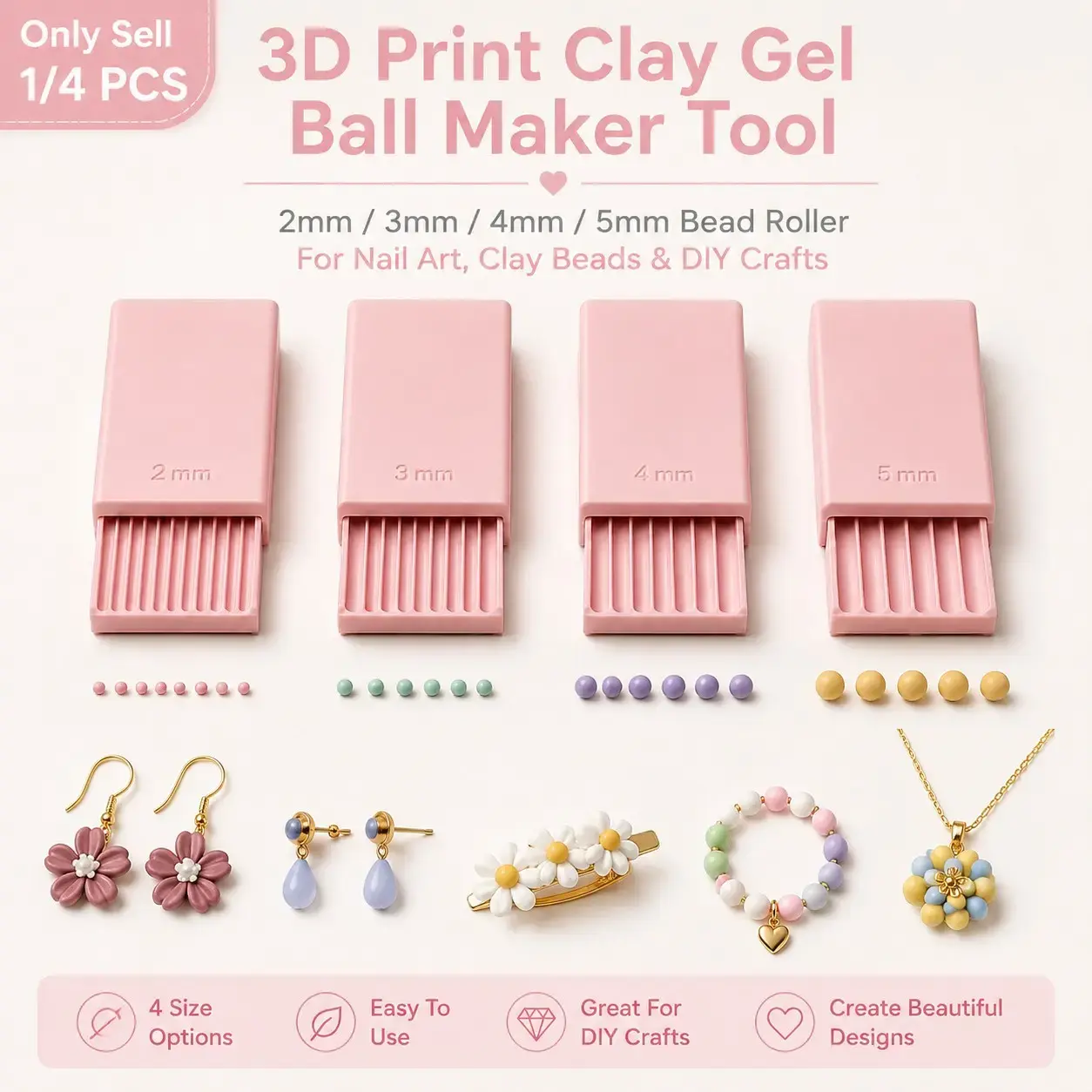 1/4 PCS 3D Print Clay Gel Ball Maker Tool, 2-5mm Bead Roller Sphere Shaper for Nail Art 3D Gel Flowers, Polymer Clay Beads, Jewelry Making & DIY Crafts
