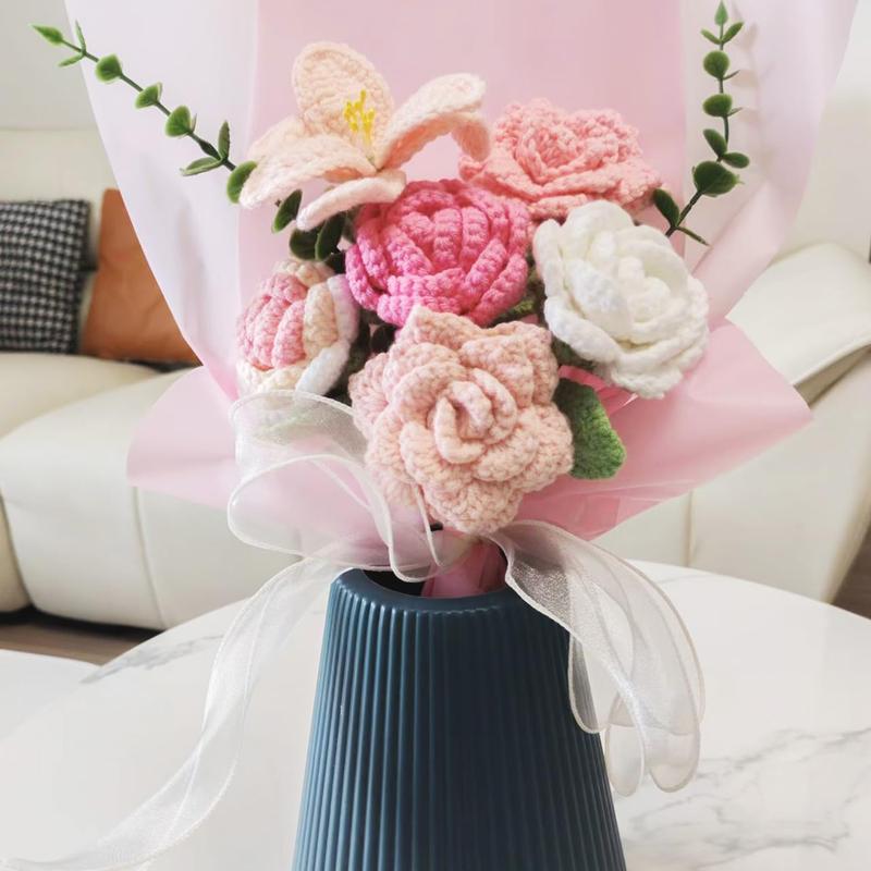 Handmade Crochet Sunflowers Rose Daisy as a  for Lover, Family,Friends. Crochet Bouquet, Crocheted Yarn , Artificial Flower Finished Bouquet (Pink)