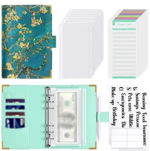 Summer Gift Budget Binder with Zipper Envelopes, A6 Money Saving Binder Cash Envelopes for Budgeting, PU Leather Planner Money Organizer for Cash Bills, Cute Floral System Wallet for Women, Blue Flower