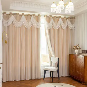 French style light luxury romantic lace gauze integrated double-layer water wave curtain head shading bedroom living room balcony curtain