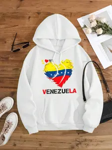 Women's Heart & Venezuela Letter Print Drop Shoulder Hoodie, Fashion Casual Drawstring Pocket Hooded Sweatshirt for Daily Holiday Outdoor Wear, Women Clothing for Fall & Winter