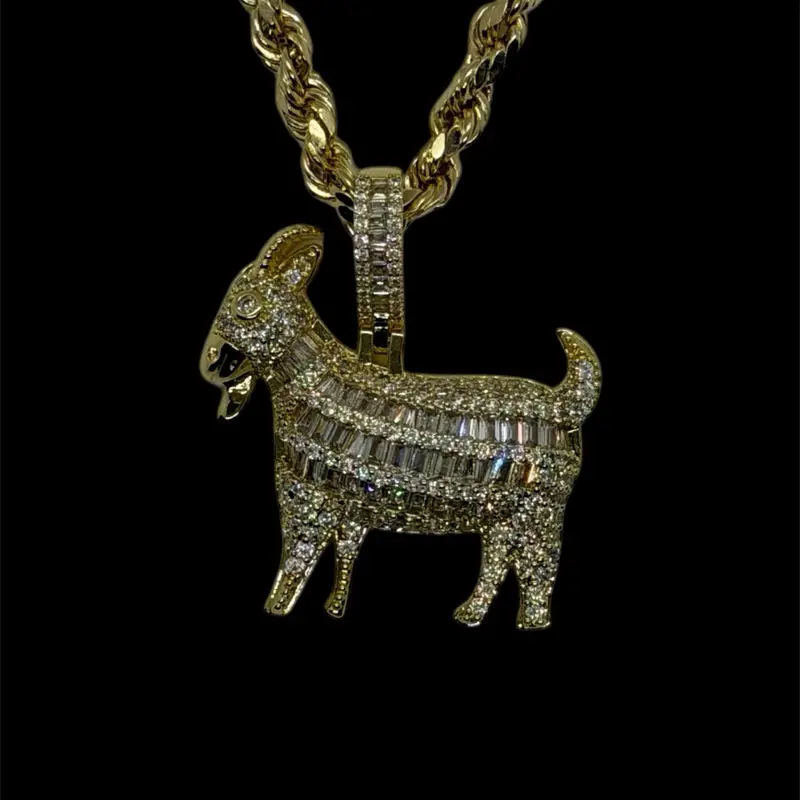 14k Gold Plated Iced Out Goat Baguette CZ Pendant Necklace Daily Wear for Men