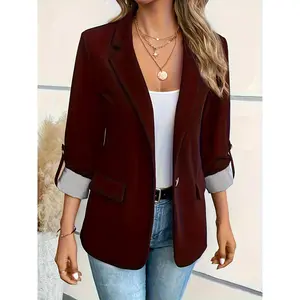 Women'S Elegant Light Blue Double-Breasted Blazer with Lapel Collar & Cuff Detail - Three-Quarter Sleeve, Polyester, Spring/Fall Fashion Jacket