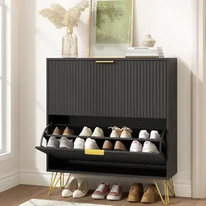 Adjustable Shoe Cabinet with Hidden Storage, Fluted Black Shoe Storage Cabinets, Hidden Shoe Cabinet Storage for Entryway Slim,  Black Decor Drawer