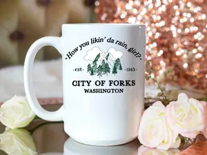 Twilight Forks Washington Mug, Edward Cullen Robert Pattinson Meme, Book Bookish Twilight Merch Cup, Funny Gift for Best Friend Girlfriend