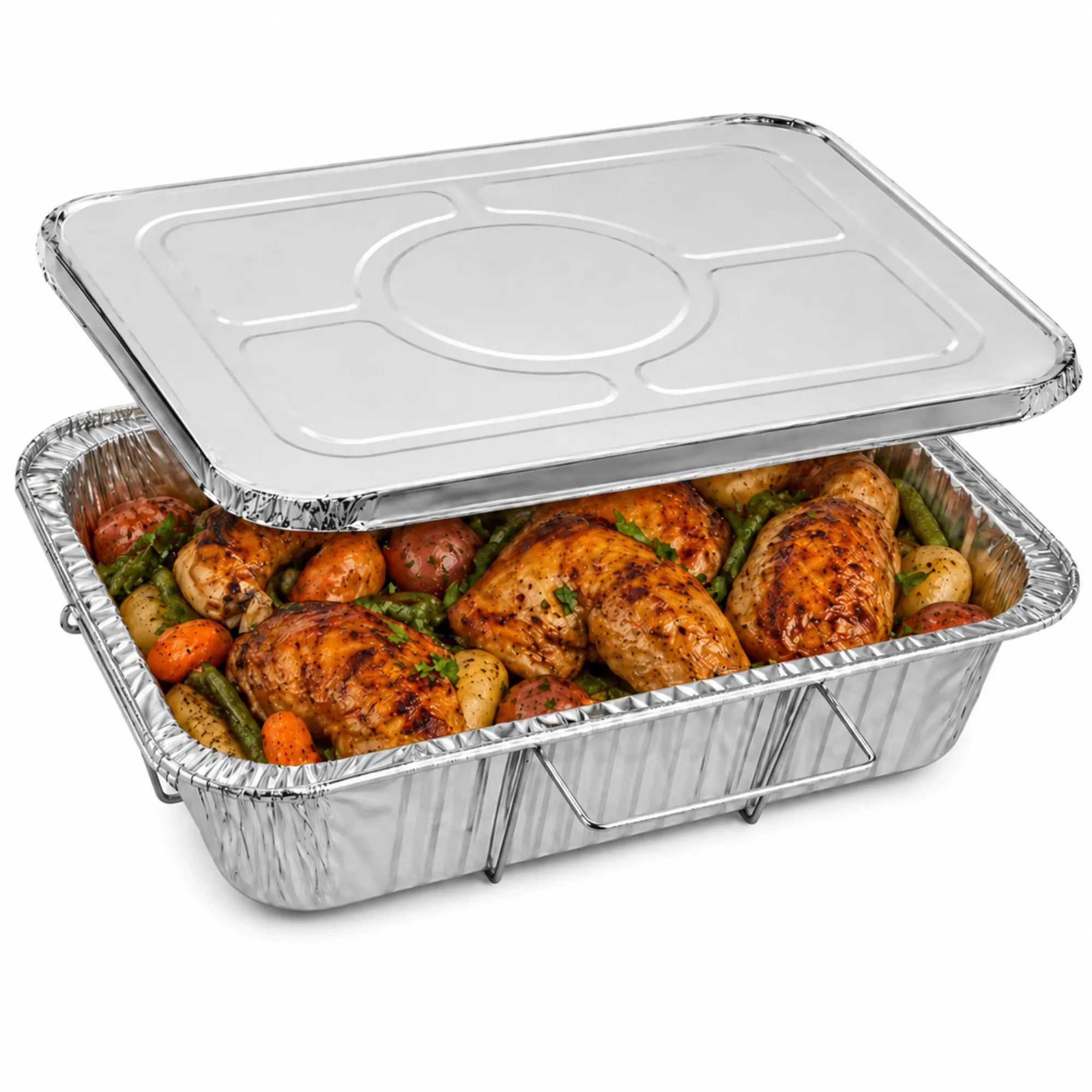 VeZee 9x13 Inch Half Size Disposable Aluminum Pans with Lids & Handle Racks, Heavy Duty Foil Roasting Baking Trays, Deep Food Storage Containers for Cooking, Catering, BBQ & Meal Prep