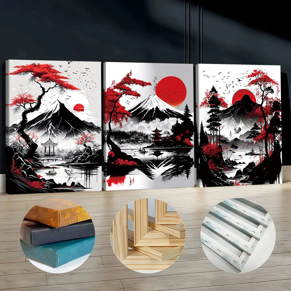 3Pcs Pine Wood Framed Artistic Canvas Print Set - Japanese Red Maple Mountain Birds, Odorless Decorative Artwork, 30x40cm(11.8x15.7in) Fashion Indoor Wall Art for Living Room, Bar, Bedroom Home Decor Posters & Prints