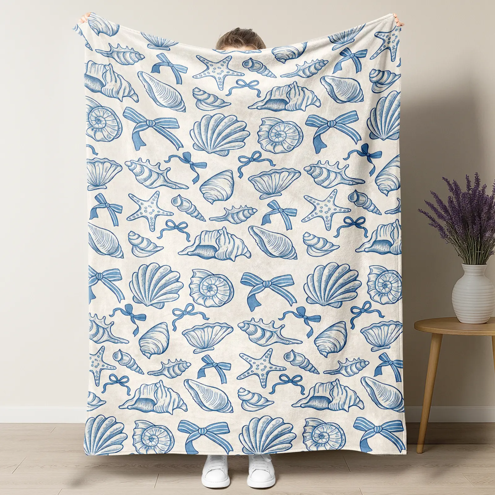Blue Seashell Bow Lightweight Cooling Blanket,Coastal Air Conditioning Throw,Summervibes Soft Blanket For Nautical Bedroom & Beach Trips, Perfect Summer Gift