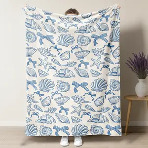 Blue Seashell Bow Lightweight Cooling Blanket,Coastal Air Conditioning Throw,Summervibes Soft Blanket For Nautical Bedroom & Beach Trips, Perfect Summer Gift