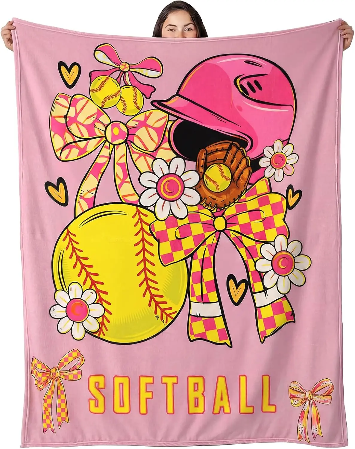 Pink Coquette Bow Flannel Print Blanket - 50x60in Multi-Size Pink Floral Coquette Bow Blankets, Soft Sports Throw for Ball Lovers, Home Décor for Indoor Use, Holiday Gifts (Halloween, Christmas, Thanksgiving)
