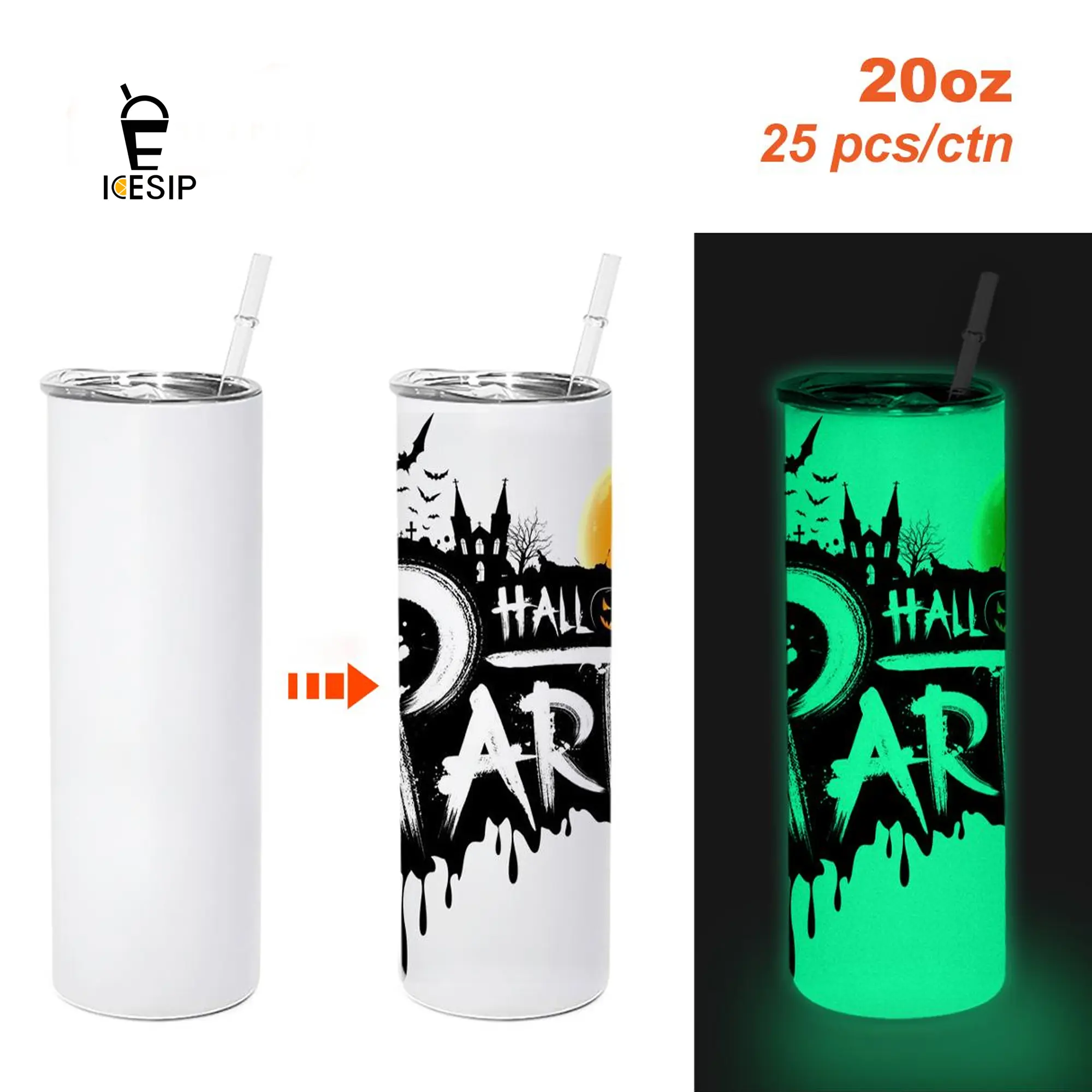 ICESIP 20oz Tumblers*25 Stainless Steel Sublimation Insulated Portable Water Bottles - White-to-Green Fluorescence Glowing Effect Straight Skinny, with Plastic Straws & Lids, DIY Gifts for Birthdays/Halloween (Home & Festive Party Supplies)