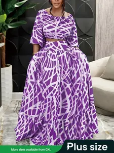 Plus Size Women’s Printed Two Piece Set – Loose Fit Top and Maxi Skirt Outfit for Vacation & Party