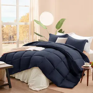 Queen Comforter Set Navy Blue, 3 Pieces Lightweight Comforters Queen Size Solid Box Stitched Bedding Sets, Soft Breathable Down Alternative Bed Set with 2