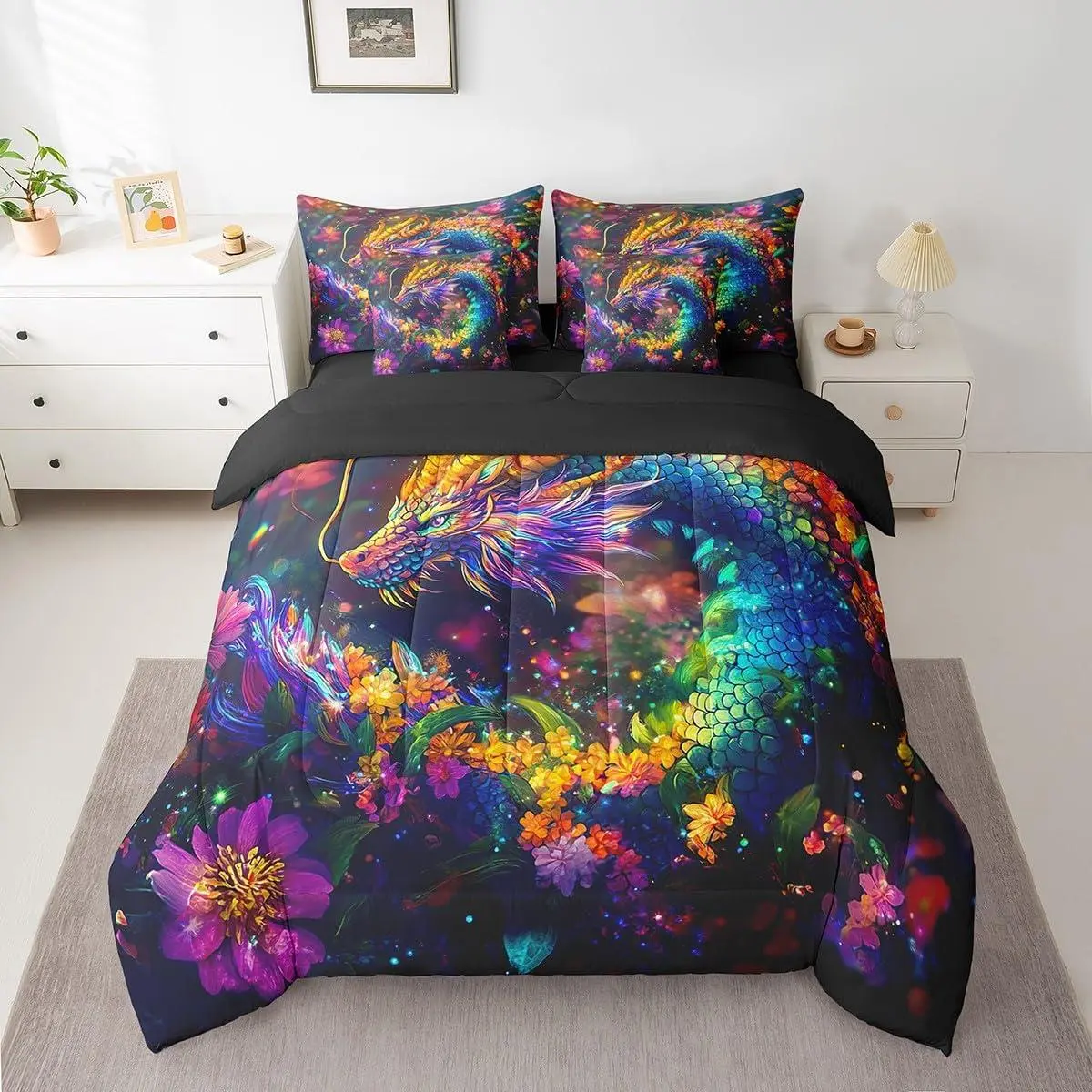 Dragon Comforter Set with Sheets Flower Dragon Bed in a Bag for Boys Girls Teens Wild Life 7 Pieces Bedding Set Dragon Decor Bed Set Room Decor Clorful