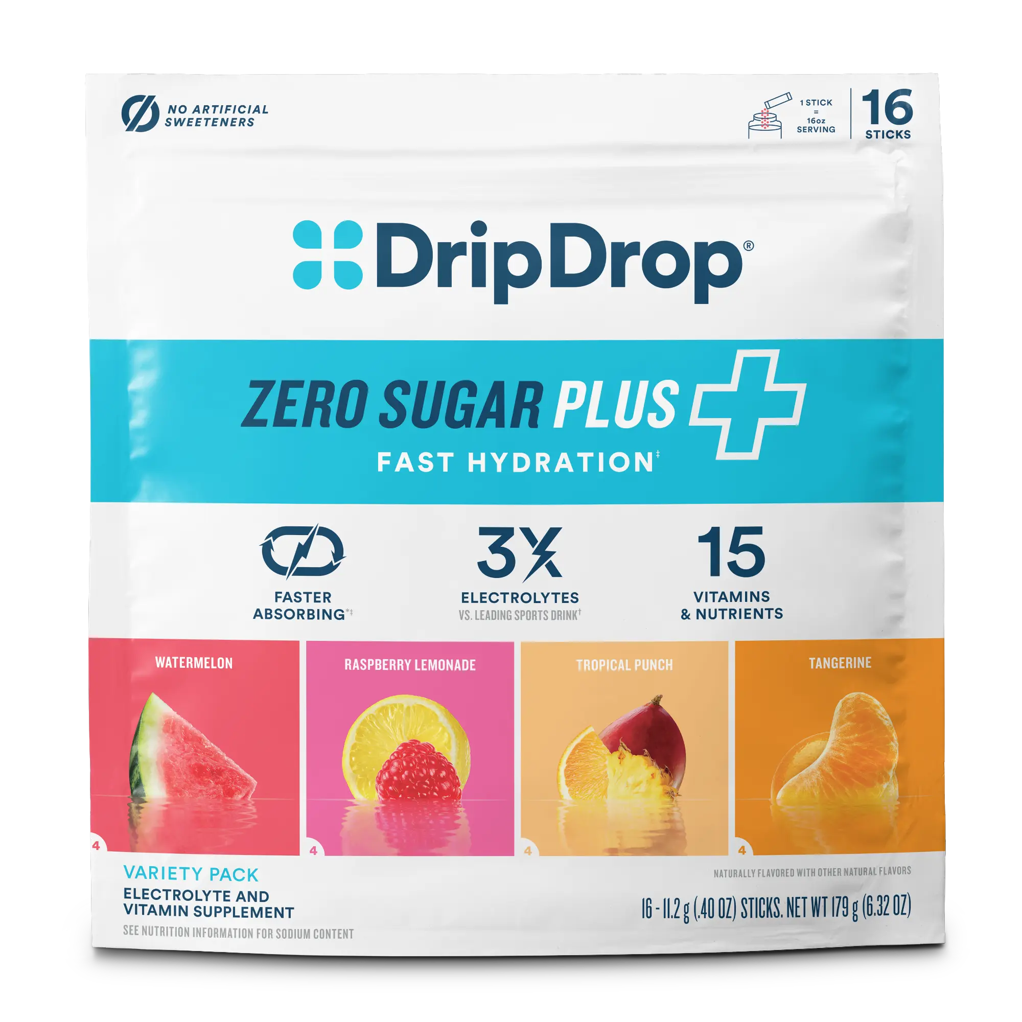 DripDrop Zero Sugar Plus, Watermelon, Tangerine, Tropical Punch, Raspberry Lemonade, 16 oz sticks, 16 count