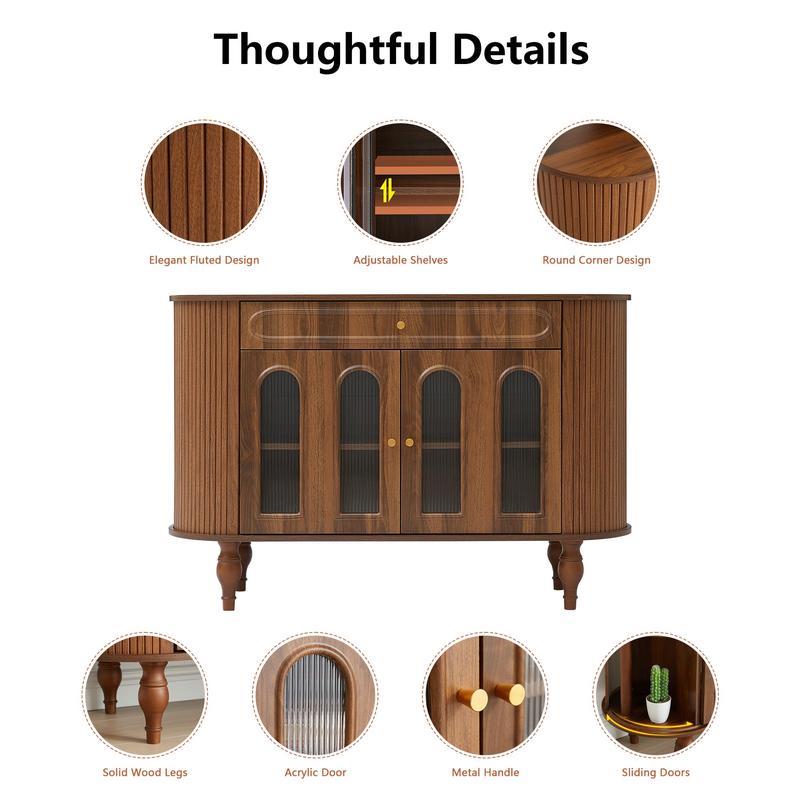 Giratree 47'' Fluted Sideboard Buffer Cabinet with Drawer, Modern Credenza Storage Cabinet, Bar Cabinet Console Table with Tambour Sliding Side for Living Dining Room Kitchen Hallway Entryway