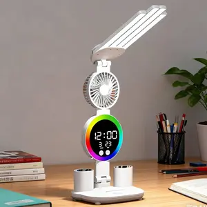 Led Desk Lamp with Fan Study Light with Clock, Adjustable Foldable Table Lamp with Pen Holder, 3 Brightness Levels, USB Charging Port