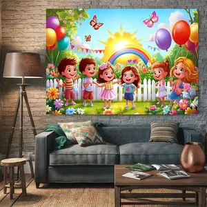 1PC,2D Flat Cartoon Children's Party Backdrop, Festival Event Decoration Background Cloth, Birthday Party Shooting Backdrop, Rainbow Balloon Butterfly Themed Background, Indoor and Outdoor Party Scene