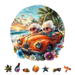 Happy Grandma Wooden Jigsaw Puzzle for Adults and Kids Unique Shape Animal Wood Puzzles Challenging Puzzle, Family Game Creative Gifts，Laser-Cut Durable HDF Wood Puzzle