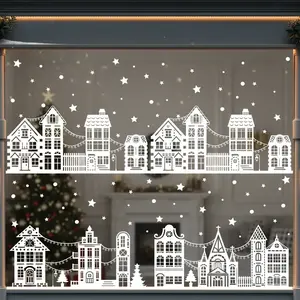 Large Christmas Window Stickers Set, 9 Sheets House Design Static Cling Snowman Snowflake Decorations for Holiday Party Decoration, Removable Window Decal