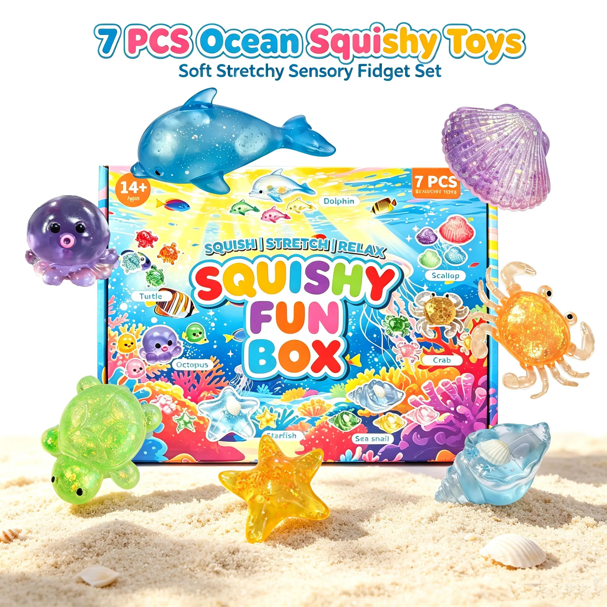 7-Piece Set Box Malt Sugar Stress Relief Fidget Toys, Ocean Themed Sensory Bundle, Creative Slow-Return Squishy, Party Gift, 7 Different Styles