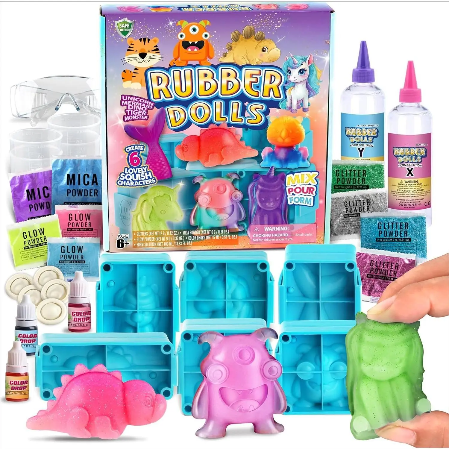 F-SRT06  Make Your Own Squishies Toys, 6 Packs Rubber Dolls Making Kit for Kids Glow Jumbo Glitter Silicone Squishy Craft Kit for Girls 6-12 Nice Boy Party Activities
