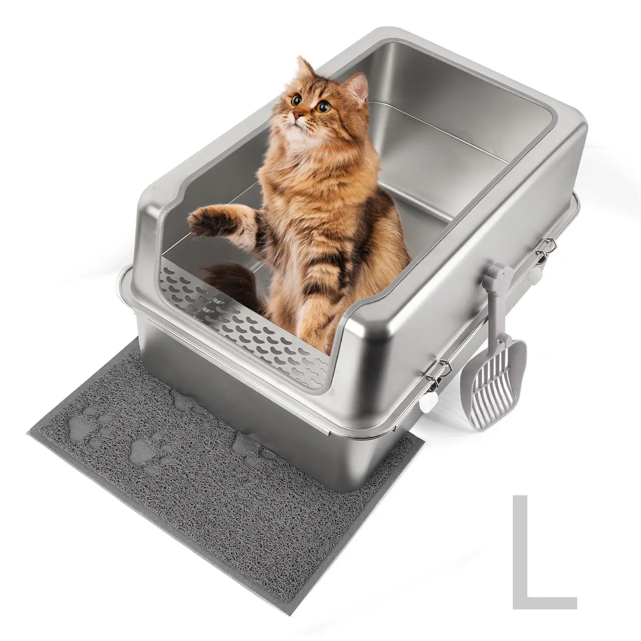 MISOFOG Stainless Steel Litter Box for Large Cats - Semi-Enclosed Covered Durable Enclosure with Metal Lid, Scoop, Odor Control, Round Edges, Easy-Clean Tray, Covered Litter Box
