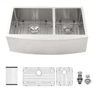 Sarlai 33 x 21 Inch Farmhouse Undermount Kitchen Sink 60/40 Double Bowl  Undermount Kitchen Sink 16 Gauge Stainless Steel Sink