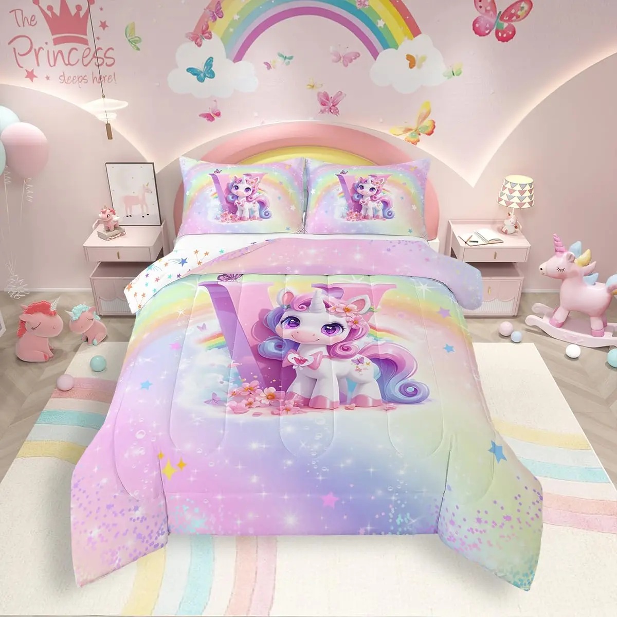 Unicorn Little Girl Bed Comforters OKKEEY Unicorn Twin Bedding Set, 6-Piece, Soft Microfiber, Durable,  Colorful, Fluffy Comforter 68""x90"