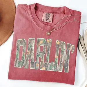 Comfort Colors Retro Camo Western T Shirt – Darlin Cowboy Graphic Tee – Distressed Country Concert Shirt – Unisex Casual Cotton Tee