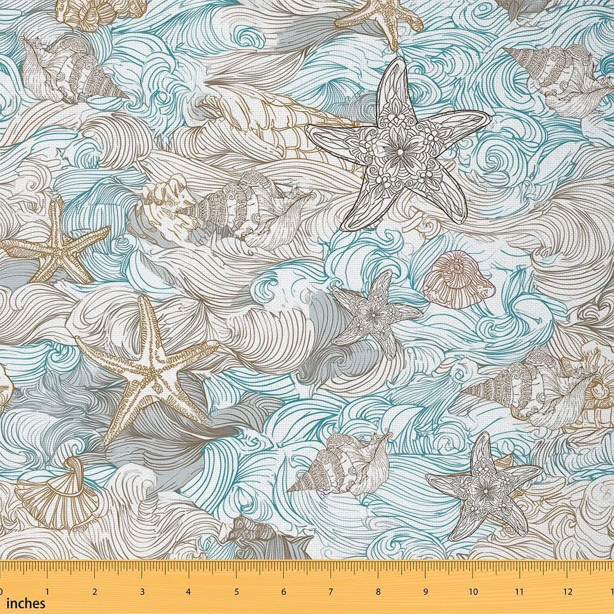 Shell Fabric,Ocean Waves Upholstery Fabric,Sea Conch Starfish Decorative Fabric,Hand Drawn Nautical Indoor Outdoor Fabric,DIY Art Waterproof Fabric,Blue Brown