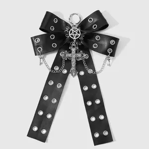 1 piece Y2K trendy retro unique fashion dark gothic style black leather keychain/bag charm with metal eye holes, star accents, intricate crosswork, and double bows; DIY design; suitable for girls’ everyday wear; ideal as a holiday gift.