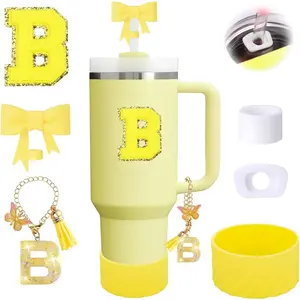 6PCS Yellow Stanley Cup Accessories Fit for Stanley 30oz/40oz,Including 10mm Bow-Shape Straw Topper,Personalized Initials Sticker,Spill-Proof Stopper,Sparkly Silicone Boot,Handle Charm