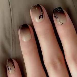 Semi Cured Gel Nail Strips 20+6 PCS with Top Coat Pen | Espresso Brown Ombre Leaf Art | Includes 6 Trial Strips to Try | 5-Min UV Cure (UV Lamp Req) | OAUEE