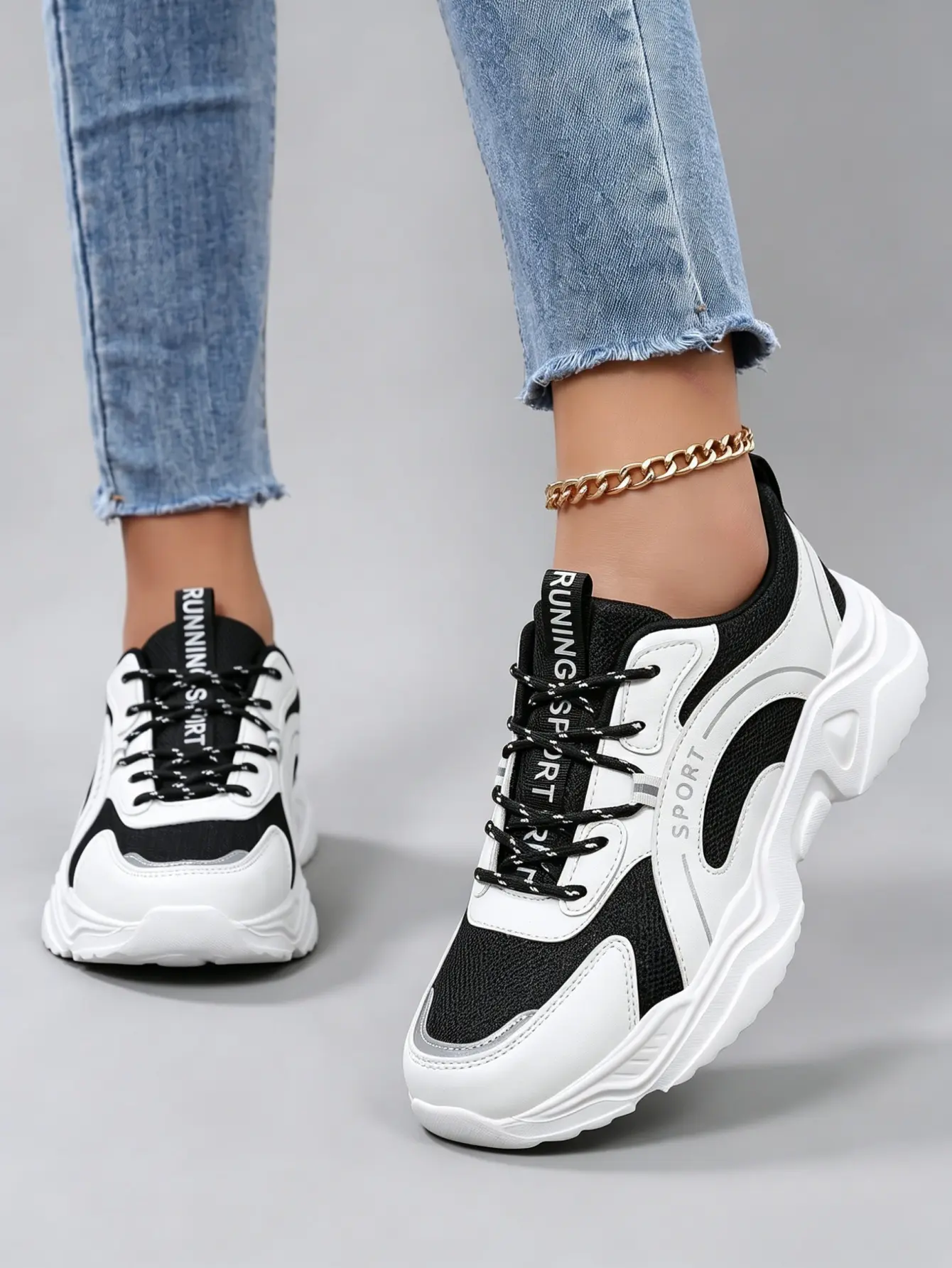 Women’s Black White Mesh Patchwork Chunky Platform Dad Sneakers, Lightweight Breathable Lace-Up Casual Trainers, Cushioned Non-Slip Walking Shoes for Gym, Commute & Streetwear
