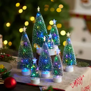 8 Pcs Mini Xmas Decor with LED Lights, Prelit Classic Small Christmas Tree in 4 Sizes with Star Topper, Tabletop Artificial Tree with Snow for Xmas Indoor Home Decor Holiday Festive (Green)