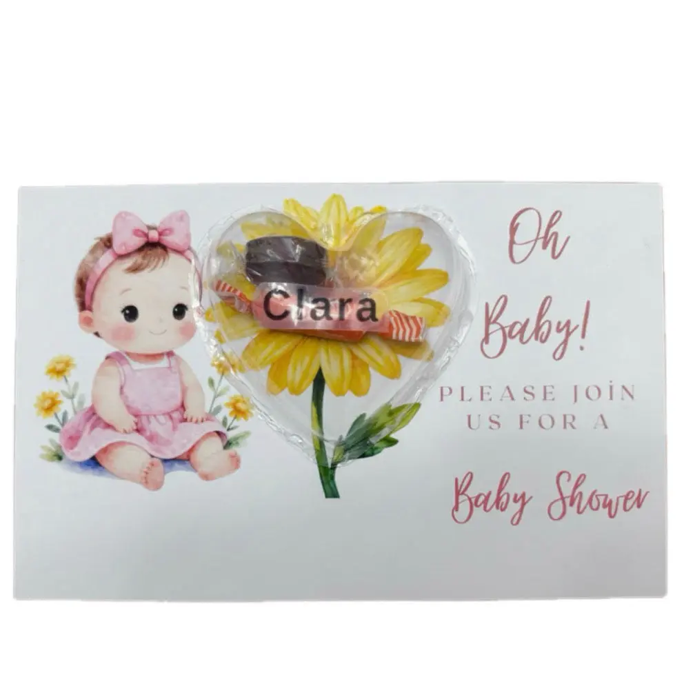 Personalized Sunflower Baby Shower Invitations | Custom Heart Candy Dome Favor Card for Girl Baby Shower & Boho Party