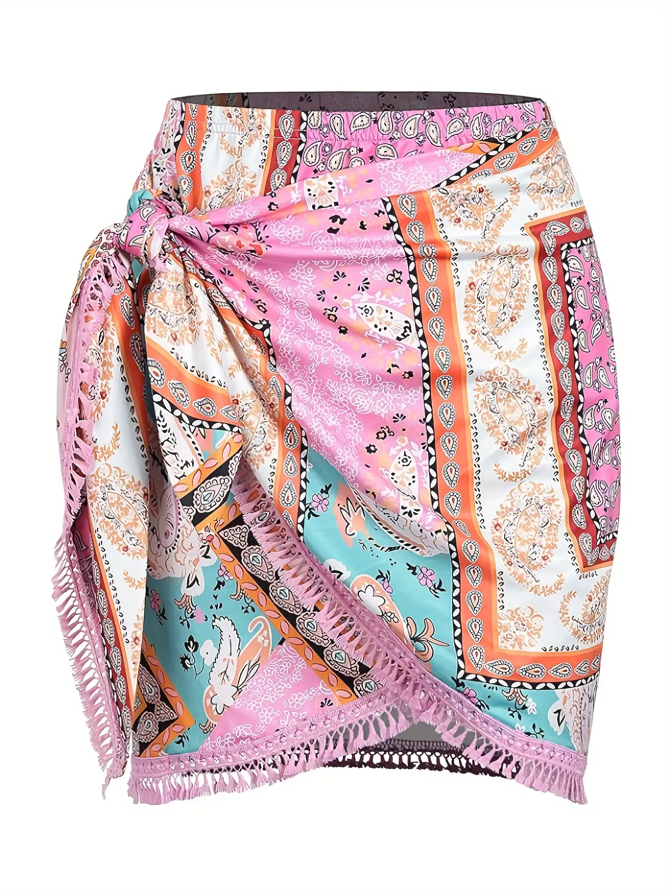 [Boho|Casual] Boho Print | Slit Skirt for Women | Tie Side Wrap Tassel Casual Beach Mini Skirt Womenswear Bottom Comfort Bridal outfits denim skirt