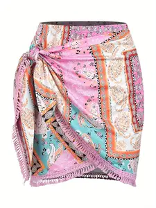 [Boho|Casual] Boho Print | Slit Skirt for Women | Tie Side Wrap Tassel Casual Beach Mini Skirt Womenswear Bottom Comfort Bridal outfits denim skirt