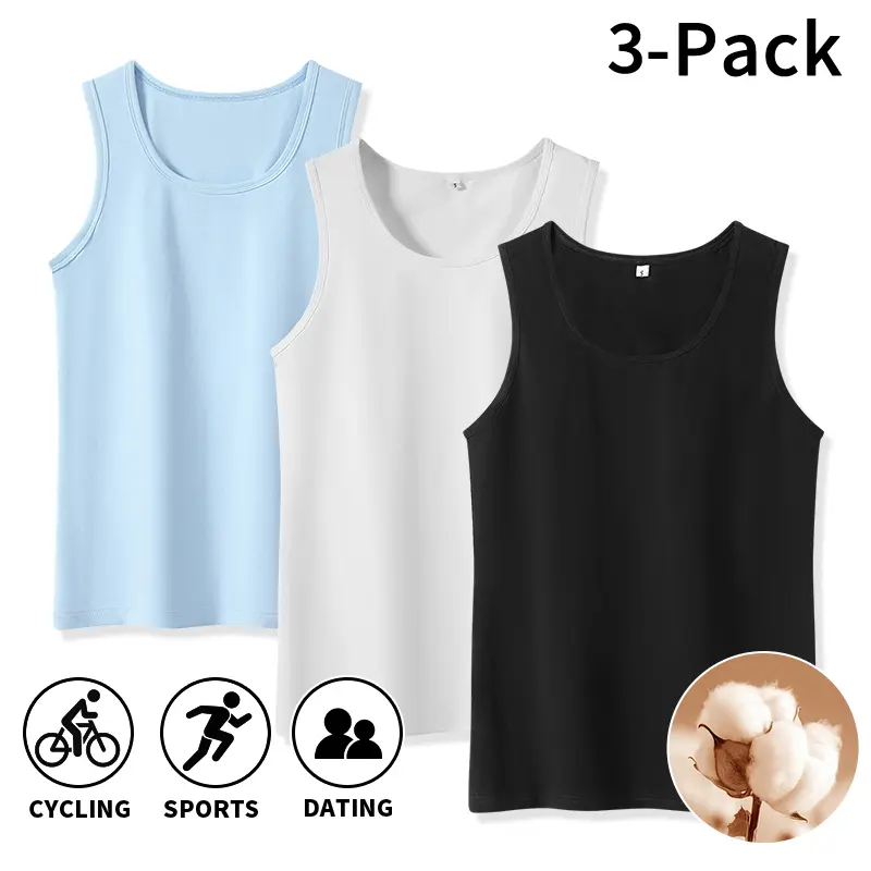Men’s breathable cotton sleeveless tank top, classic U-neck solid-color undershirt. Sweat-absorbing and skin-friendly, suitable for sports, home wear, and various occasions. Available in packs of three and individual pieces (order one size up for a looser