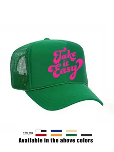 VYNCE HAT1pc "Take It Easy" Printed Drawstring Baseball Mesh Cap, Adjustable Outdoor Sun Protection Casual Hat Suitable For Spring/Autumn Travel, Beach, Y2K Style For Young People