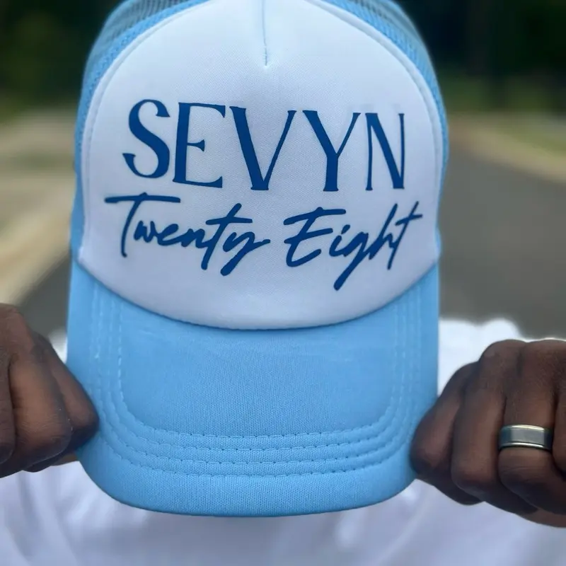 Sevyn Twenty Eight Hat - Blue and White Design with Script Text, Premium Structured Fit, Adjustable Strap, Unisex Streetwear Staple