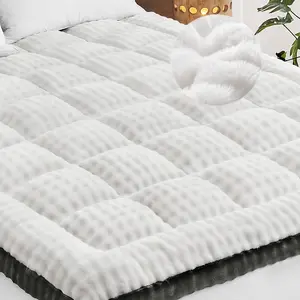 Queen Mattress Topper Fleece Bubble Pillow Top Mattress Pad Cover for Back Pain Faux Fur Thick Mattress Protector Soft with Down Alternative, 8-21" Deep, White