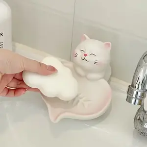 Cute Cat Shaped Soap Box with Drain Hole, Non-Slip Base, Soft & Decor, Durable Resin Material, Perfect Gift for Bathroom Kitchen Vanity