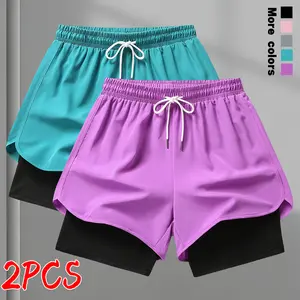 Women’s 2-pack casual athletic shorts with a drawstring waist, relaxed fit, stretchy fabric made from polyester fiber, high quality, stylish running design—ideal for casual sports enthusiasts and regular gym goers.