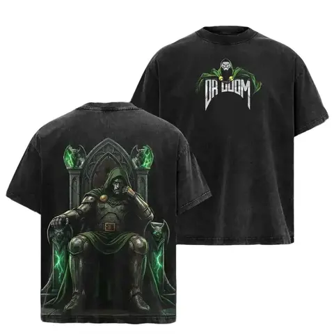 Men's Vintage Washed Relaxed Fit Soft Heavy Cotton Tshirt - Round Neck, Shortsleeve, Casual Graphic Crew Neck, Double-Sided Dr Doom Print, Unisex Streetwear, Gift for Supervillain Comic Fans